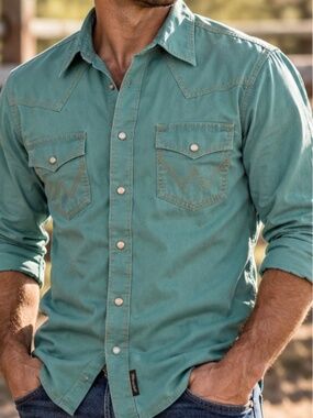 Wrangler Retro Premium Men’s Western Pearl Snap Shirt Long Sleeve Teal Small